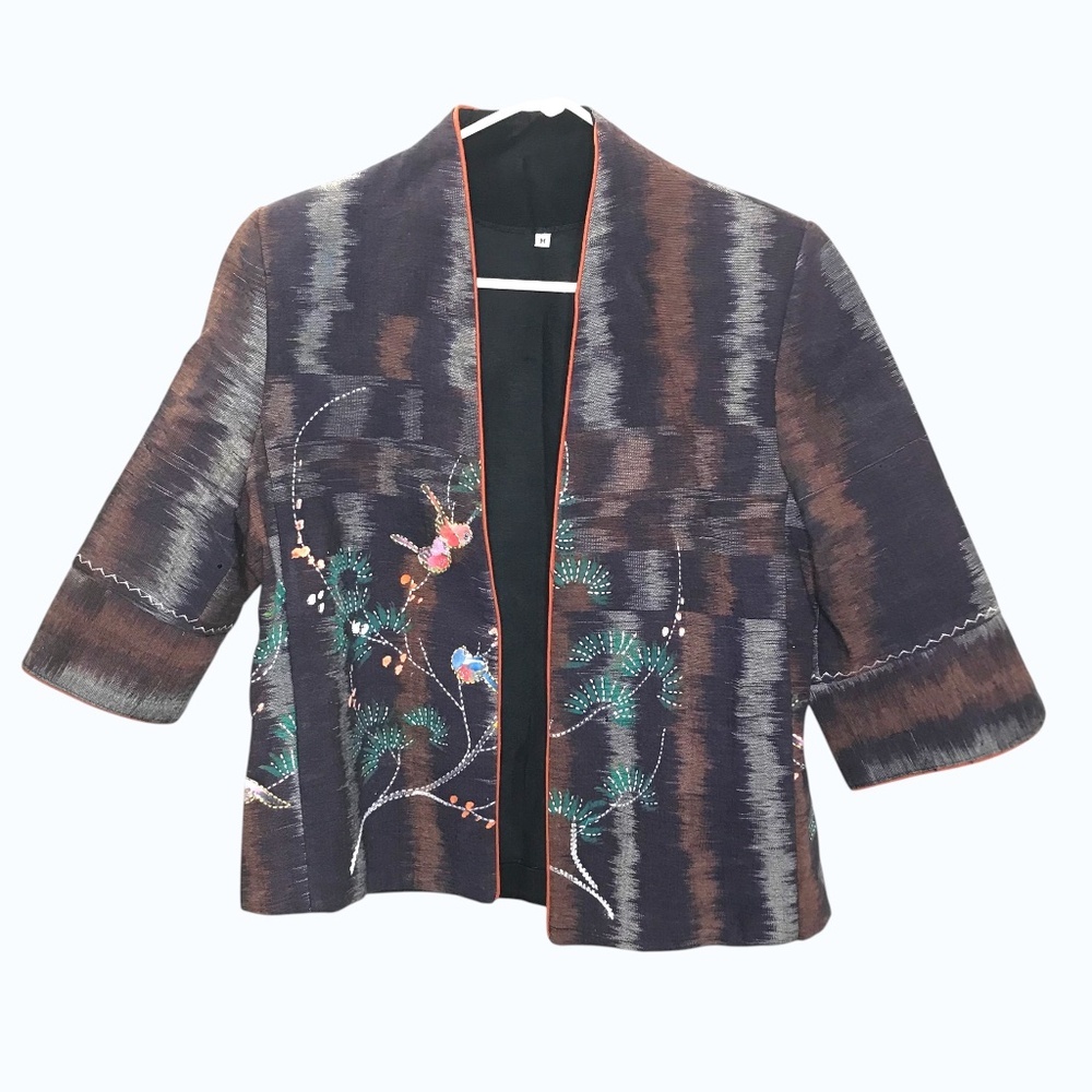 Artisan-Style Open Front Jacket | Embroidered Birds | Size M
